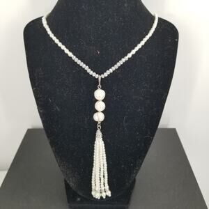 Vintage Faux pearl beaded Necklace with tassel costume jewelry